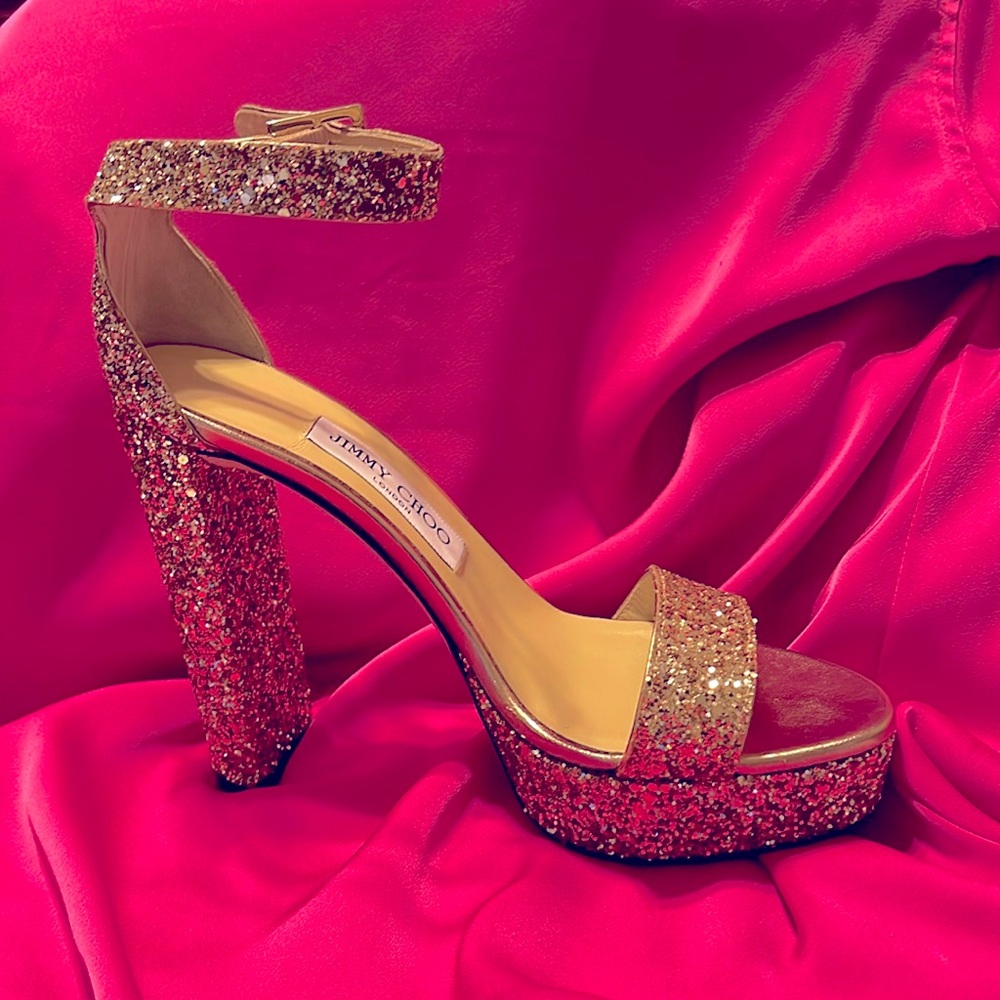 Jimmy Choo gold glitter heels, size 8